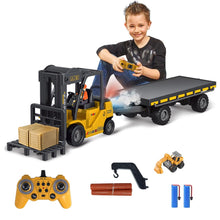 Load image into Gallery viewer, Remote Control Forklift with Flatbed Truck, 11 Channel RC Forklifts with Spray, Cool Lights &amp; Sound, 2 in 1 Lift Fork &amp; Hook, Crane Construction Toys
