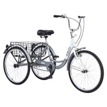 Load image into Gallery viewer, 24-inch Adult Tricycle, 3-Wheel Cruiser Bike, 3-Wheel Bike, Front V-Brake, High-Strength Steel Frame, Silver
