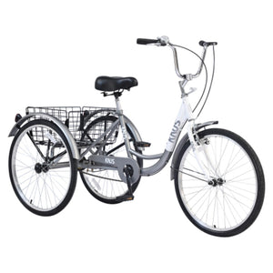 24-inch Adult Tricycle, 3-Wheel Cruiser Bike, 3-Wheel Bike, Front V-Brake, High-Strength Steel Frame, Silver