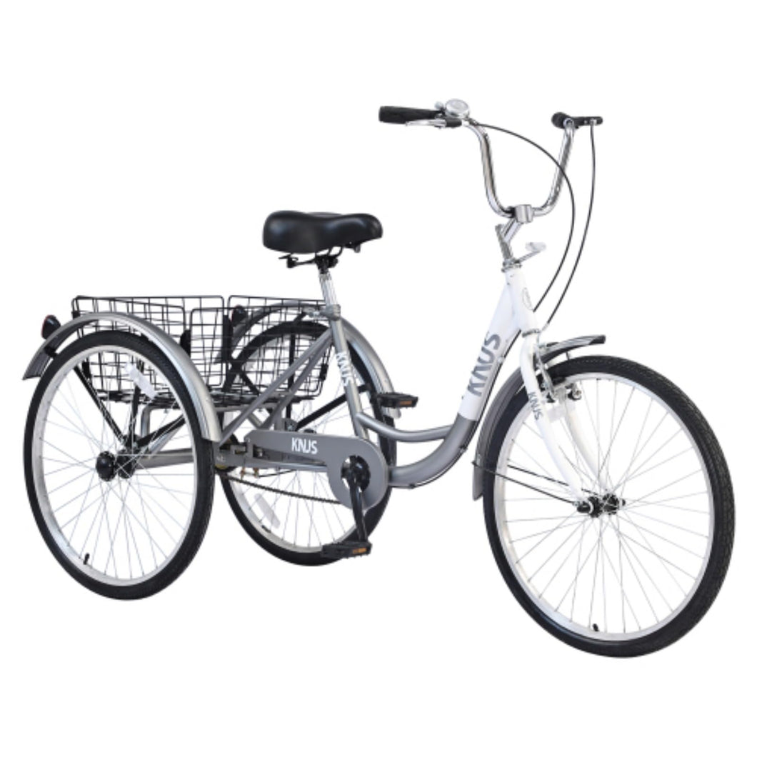 24-inch Adult Tricycle, 3-Wheel Cruiser Bike, 3-Wheel Bike, Front V-Brake, High-Strength Steel Frame, Silver