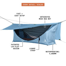 Load image into Gallery viewer, Haven Tent Original Lay-Flat Hammock Tent (Sky Blue) – Comfortable Waterproof Camping Hammock with Mosquito Net – Includes Insulated Sleeping Pad &amp; Rainfly
