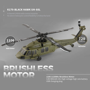 RC Helicopter Model, Black Hawk UH-60L 170 Size 4CH Flybarless Helicopter with Adjustable Left and Right Hand Throttle (RTF Version)