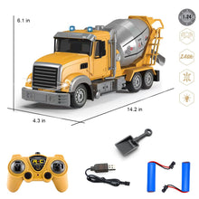 Load image into Gallery viewer, RC Cement Mixer Toy, 6 Channel Truck With Lights, 1:24 Electric 360 Degree Stirring Vehicle, Rechargeable Construction Truck
