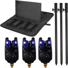 Load image into Gallery viewer, Fishing Bite Alarm Indicator Set LSOSVSEU's 3 LED Fishing Alarms 3 Extendable Aluminum Banksticks with Waterproof Tool Bag, Fishing Rods Set Bank Poles Set for catfishing
