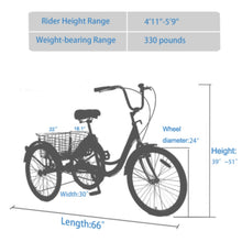 Load image into Gallery viewer, 24-inch Adult Tricycle, 3-Wheel Cruiser Bike, 3-Wheel Bike, Front V-Brake, High-Strength Steel Frame, Silver

