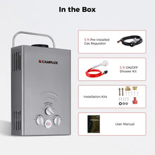 Load image into Gallery viewer, CAMPLUX Portable Tankless Water Heater 1.58 GPM, BW158G Propane Gas Shower for Camping, RV, Pet Washing, 41,000 BTU Outdoor Hot Water System, Battery Operated, Gray
