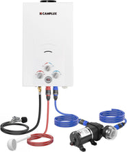 Load image into Gallery viewer, CAMPLUX Portable Propane Water Heater 2.64GPM, 3.3GPM Pump &amp; Pipe Strainer, 68,000 BTU for Camping &amp; Off-Grid Cabins
