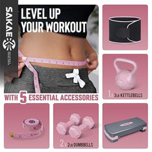 Load image into Gallery viewer, Adjustable Exercise Stepper Kit with Dumbbells &amp; Kettlebell &amp; Weightlifting Belt &amp; Measuring Tape, 2 Level Risers Aerobics Step Platform for Home Gym Exercise Fitness Workout, Pink Grey
