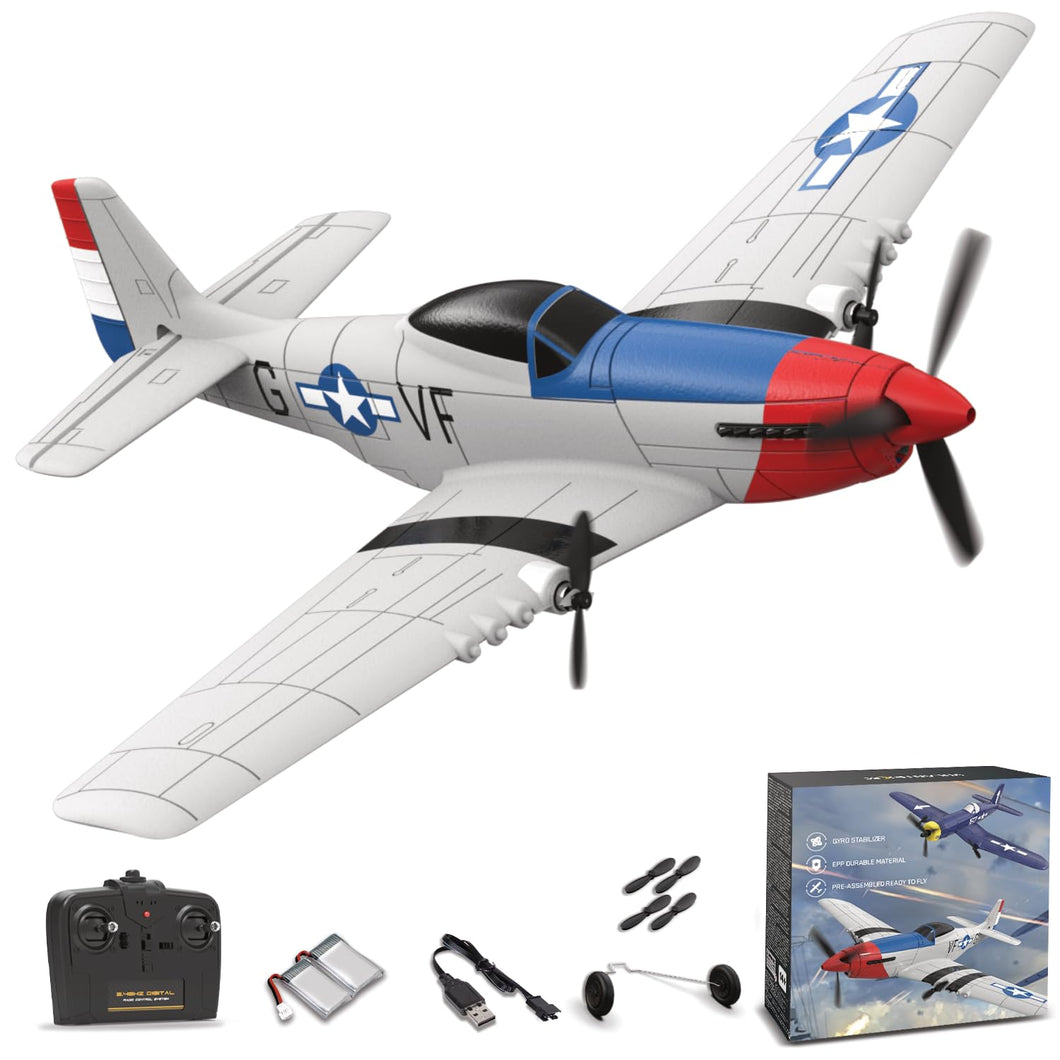 RC Plane for Beginners, P51 Remote Control Airplane for Adults, 2.4GHz 3 Channel Fighter Featuring 6 Axis Gyro Stabilizer Comes with 2 Batteries, Easy to Fly
