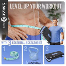 Load image into Gallery viewer, Blue Black Exercise Step Platform Set with Kettlebell &amp; Measuring Tape
