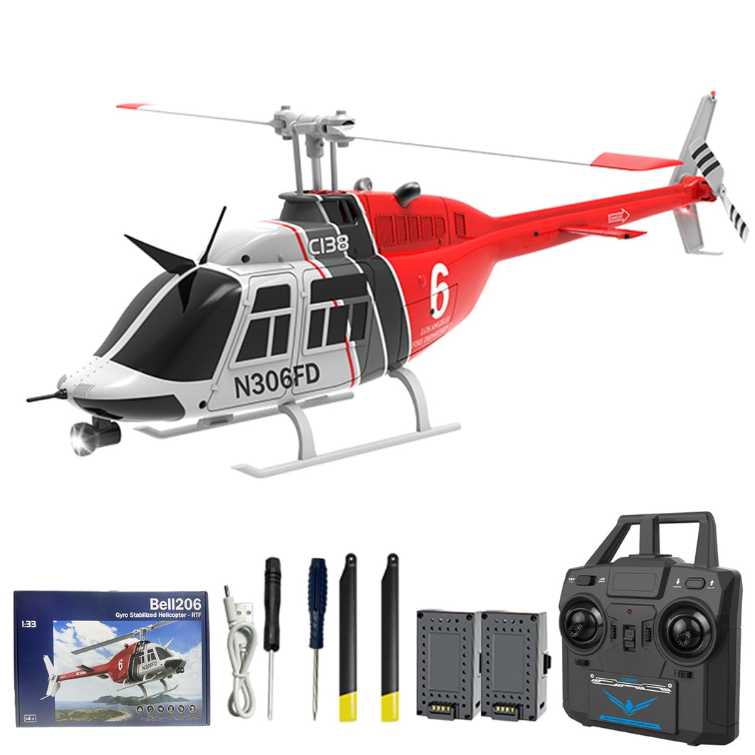 Remote Control Helicopter, 1:33 Scale Bell206 Helicopter 2.4G 4CH RTF Single Propeller Aileron Free, Six-axis Gyroscope for Adults 2 Batteries