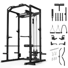 Load image into Gallery viewer, Mikolo F4 2.0 Power Cage with Dual-Track Smooth Pulley System, 1200LBS Power Rack with Leg Hold-Down for Heavy LAT Pulldowns, All-in-One Squat Rack with More Training Attachments for Home Gym (Black)
