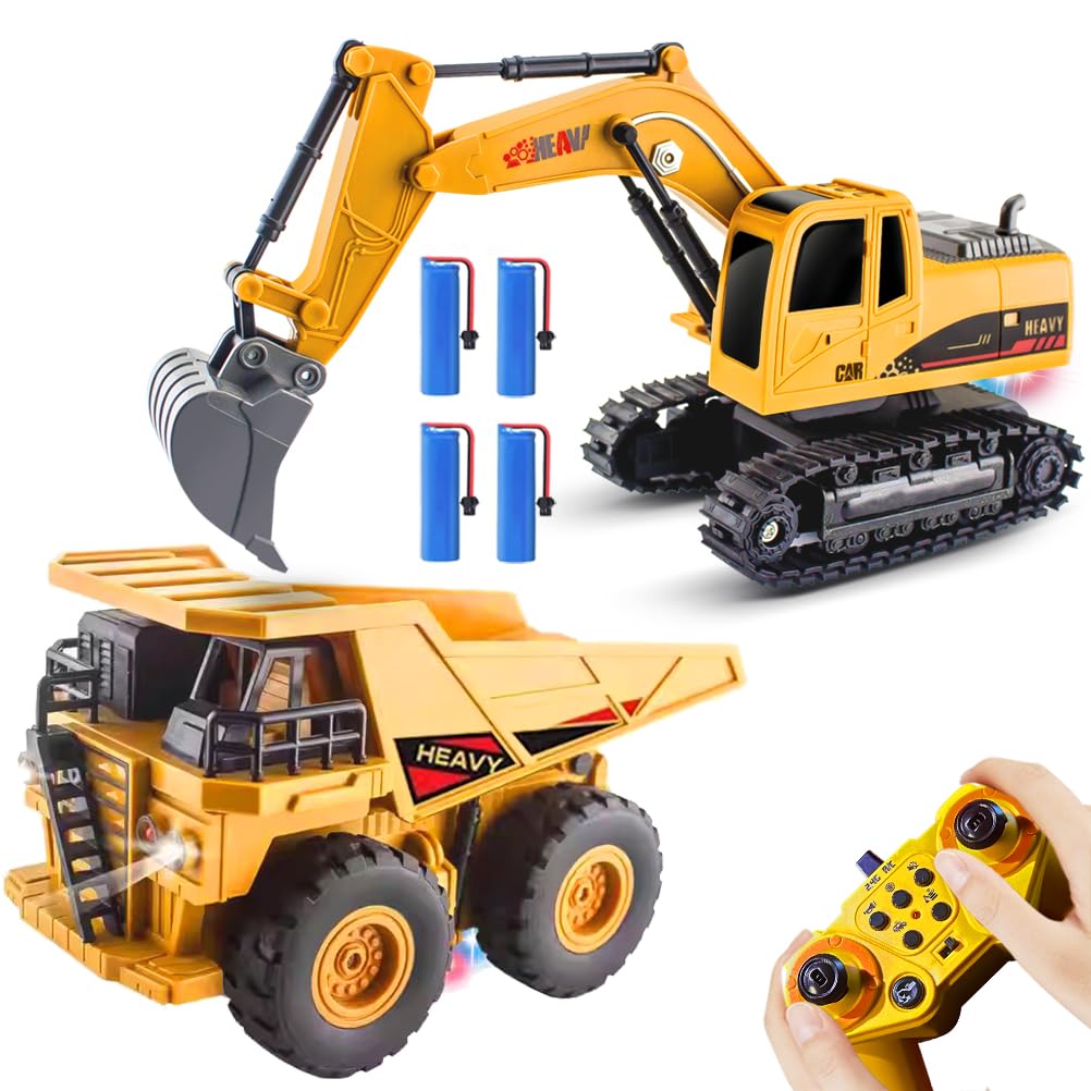 RC Excavator and Dump Truck Toy Set for Kids, 2.4Ghz 11 Channel Dual Control Remote Control Construction Vehicle