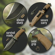 Load image into Gallery viewer, Naifu Bushcraft 6-in-1 Survival Knife — Full Tang Fixed Blade Hunting Knife with Sheath, 4.33 Inch Drop Point Blade, Built-in Sharpening Stone, Ferro Rod Fire Starter, Whistle, Glass Breaker &amp; Paracord — Camping, Bushcraft, EDC Gear
