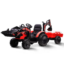 Load image into Gallery viewer, Electric Car for Kids, 3-in-1 Ride On Tractor, Excavator &amp; Bulldozer - 24V Electric Vehicle with Trailer, Remote Control, Red
