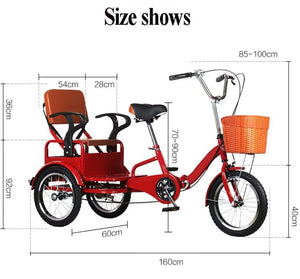 Folding Elderly Tricycle, Adult Rickshaw Pedal Tricycle, Leisure Vehicle,16inch Tandem Trike with Rear Seat (Black 16 in)