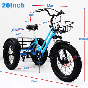 Mountain Tricycle for Adults, 7 Speed Three Wheel Bicycles, 20 Inch Fat Tire Off Road Tricycles Trikes