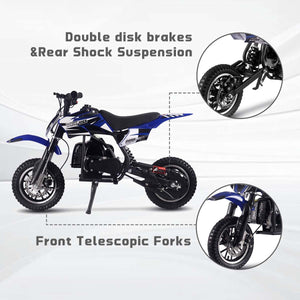 50CC Gas Dirt Bike, Off-Road Mini Bike with 2 Stroke, Motorcross Pocket Bike Push Start (Blue)