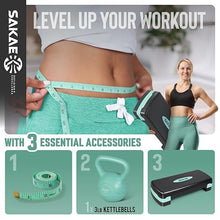 Load image into Gallery viewer, Green Black Exercise Step Platform Set with Kettlebell &amp; Measuring Tape
