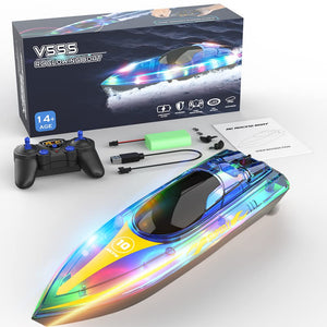 RC Boat with LED for Kids and Adults - Remote Control Boat for Pools and Lakes 2.4 GHZ RC Boats with 2 Rechargeable Batteries.