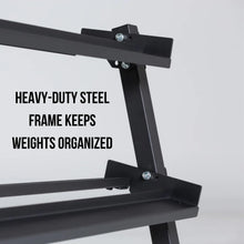 Load image into Gallery viewer, Rep Fitness Dumbbell Rack | 3-Tier Compact Holder | Fits Sets 5-50 lb | Weight Storage Stand | Rubber Hex Organizer | Free Weights Shelf | Heavy Duty Steel Frame | Gym Equipment for Home (Matte Black)
