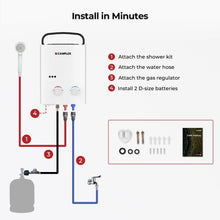 Load image into Gallery viewer, CAMPLUX 5L Portable Tankless Water Heater, 1.32 GPM Outdoor Propane Shower for Camping, RV, Off-Grid, Instant Hot Water with Folding Handle, Overheat Protection, Low Pressure Startup, AY132, White

