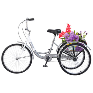 24-inch Adult Tricycle, 3-Wheel Cruiser Bike, 3-Wheel Bike, Front V-Brake, High-Strength Steel Frame, Silver