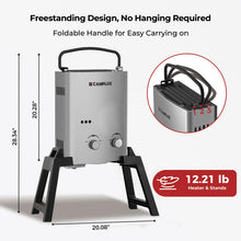 Load image into Gallery viewer, CAMPLUX 1.32 GPM Portable Outdoor Tankless Water Heater Propane Instant Hot Camping Shower Pump w/Freestanding Stand and Carry Bag, AY132GMax, Gray
