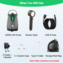 Load image into Gallery viewer, DR.PREPARE Portable Outdoor Shower, IPX8 Deep Waterproof Camping Shower Pump, 8000mAh Rechargeable Battery, 3 Spray Modes with 1.59 GPM Strong Flow, Portable Shower Head for Camp, Car Washing, Beach
