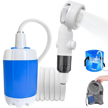 Load image into Gallery viewer, Portable Shower for Camping, Rechargeable Portable Camping Shower Pump with USB-C, Camp Shower with 3 Spray Modes, Outdoor Shower Kit for Camping, RV, Travel, Pet Bath, Watering Plants (+ Mesh Bag)
