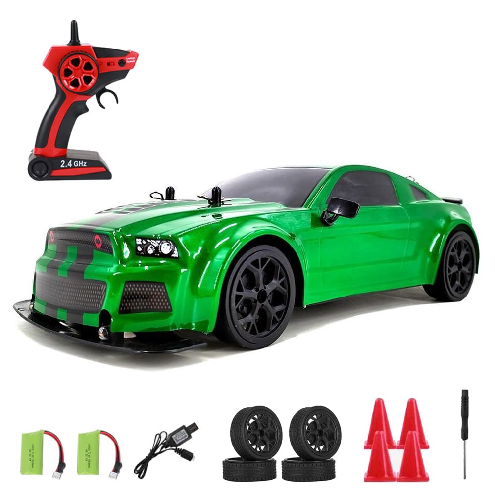 RC Drift Car, 1:14 Remote Control Car, 4WD 30KM/H High Speed RC Racing Car, 2.4GHz Electric Sport Drifting Car with LED Lights, 2 Batteries (Green)