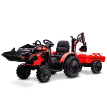 Load image into Gallery viewer, 3-in-1 Ride On Tractor, 24V Ride On Car Toy Excavator &amp; Bulldozer - Battery-Powered Electric Vehicle w/Trailer, Digger, Red

