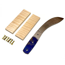 Load image into Gallery viewer, LEATHER UNLTD Buffalo Skinner Knife Kit DIY - Norwegian Style Knife Making Set with 5" Blade, Curly Maple Scales, Rivets &amp; Instruction Book - Build Your Own Knife (Buffalo Skinner Knife Kit)
