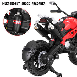 12V Ride On Motorcycle with Training Wheels, Electric Dirt Bike with Hand Racing Foot Brake, PU Seat, MP3, USB, Birthday Gifts