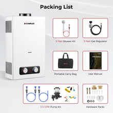 Load image into Gallery viewer, CAMPLUX Portable Propane Water Heater 2.64 GPM, Camping Water Heater with 3.3 GPM Water Pump Kit &amp; Pipe Strainer, 68,000 BTU, BD264P120
