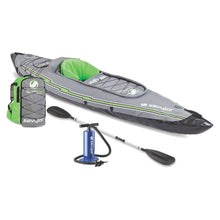 Load image into Gallery viewer, Sevylor QuickPak K5 24 Gauge PVC Polyester 1 Person Inflatable Kayak w/Hand Pump, Paddle, Double Lock Valves and Easy To Carry Backpack System, Gray

