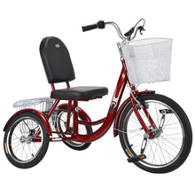 Load image into Gallery viewer, Red, Adult Tricycles, Pedal Tricycle with Front and Rear Removable Baskets, Outward-Facing Toe and Rollover Prevention

