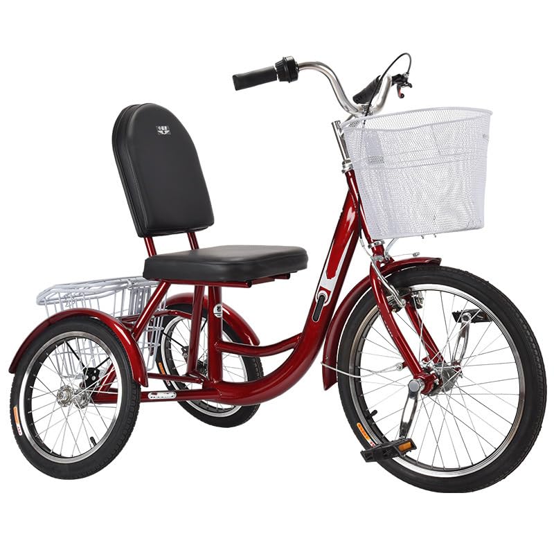 Red, Adult Tricycles, Pedal Tricycle with Front and Rear Removable Baskets, Outward-Facing Toe and Rollover Prevention