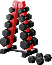 Load image into Gallery viewer, RITFIT Rubber Hex Dumbbells Set with Rack, 350LB Red Heavy-Duty Cast Iron Core, Knurled Chrome Handle, Space-Saving Storage Rack for Home Gym Strength Training
