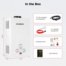 Load image into Gallery viewer, CAMPLUX Propane Water Heater, 2.11GPM Portable Water Heater for Camping, 55,000 BTU Portable Hot Water Heater Outdoor, BW211, White

