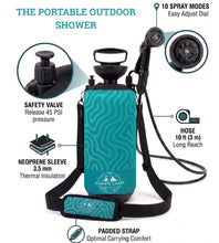 Load image into Gallery viewer, AVANTI CAMP 2.1 Gallon Pressurized Portable Camping Shower | 10-Mode Spray Head | Premium Neoprene Insulated Sleeve &amp; Padded Shoulder Strap | Rinse Kit for Surf, Sand, RV, Road Trips &amp; Pets |Blue
