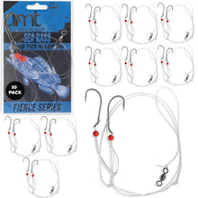 Load image into Gallery viewer, UMT Sea Bass Hi/Lo Saltwater Fishing Rigs 10 Pack, 3/0 Bait Hook, 60lb Heavy Duty Mono, 80lb Swivel &amp; Sinker Loop, Hand Tied for Fluke Porgy Snapper Croaker Sea Trout Tautog Spot Pompano
