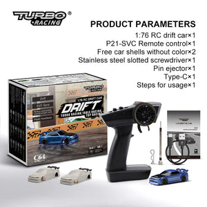Turbo Racing 1:76 Scale Drift RC Car with Gyro Mini Full Proportional RTR 2.4GHZ Remote Control with 2 Replaceable Body Shell