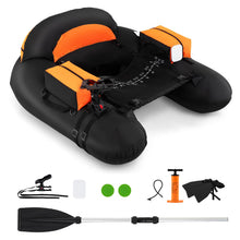Load image into Gallery viewer, Goplus Inflatable Float Tube, Fishing Belly Boat with Fish Ruler, Pump, Storage Bag, Adjustable Straps, Fishing Float Tube for Angling, 350LBS Load Capacity (Black+Orange, Thickened，W/Rod Holder)
