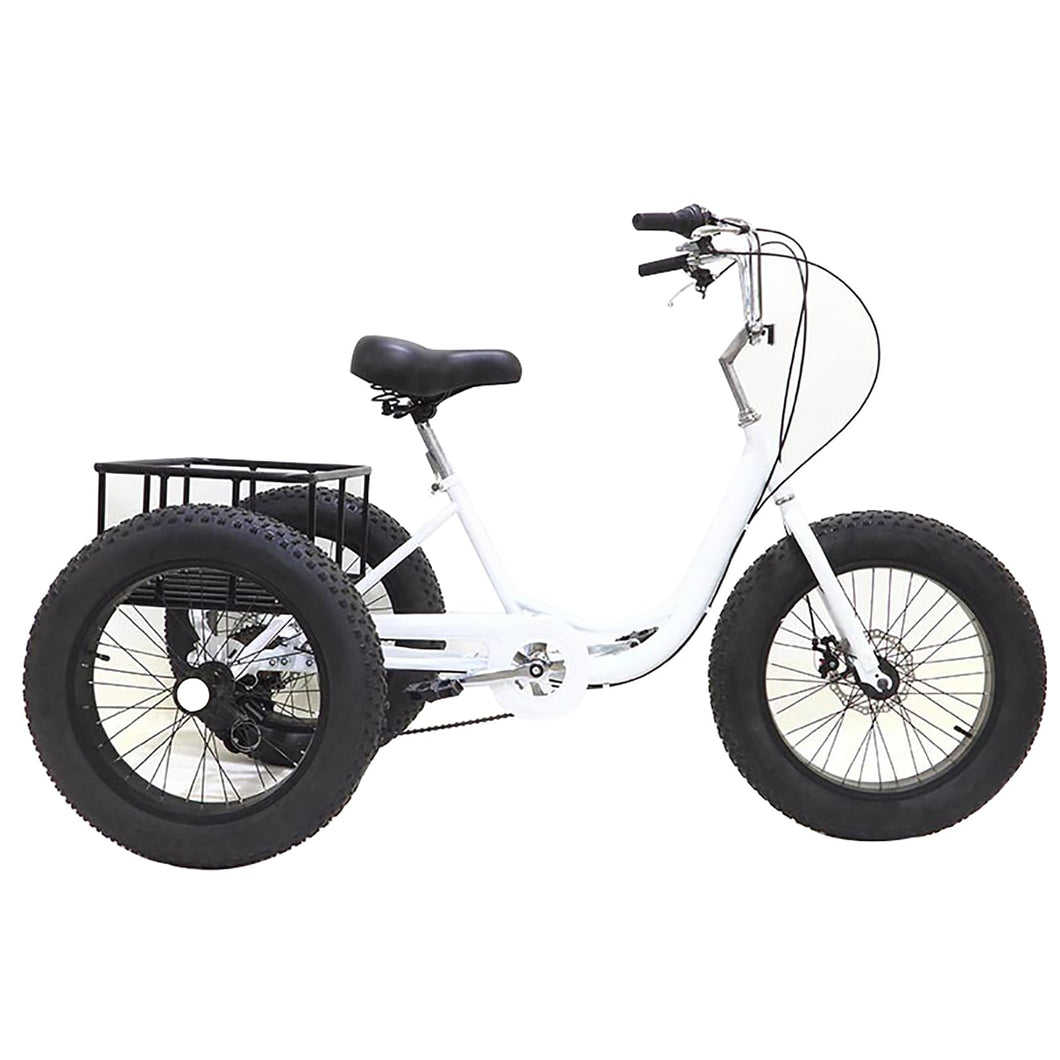 White, Adult Tricycle Fat TIRE, 3-Wheels Cruiser Bicycle with Big Basket, Bikes for Recreation, Shopping