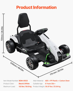 Electric Go Kart, 24V 9Ah Battery-Powered, 7.5 MPH High-Speed Drifting, Black and White