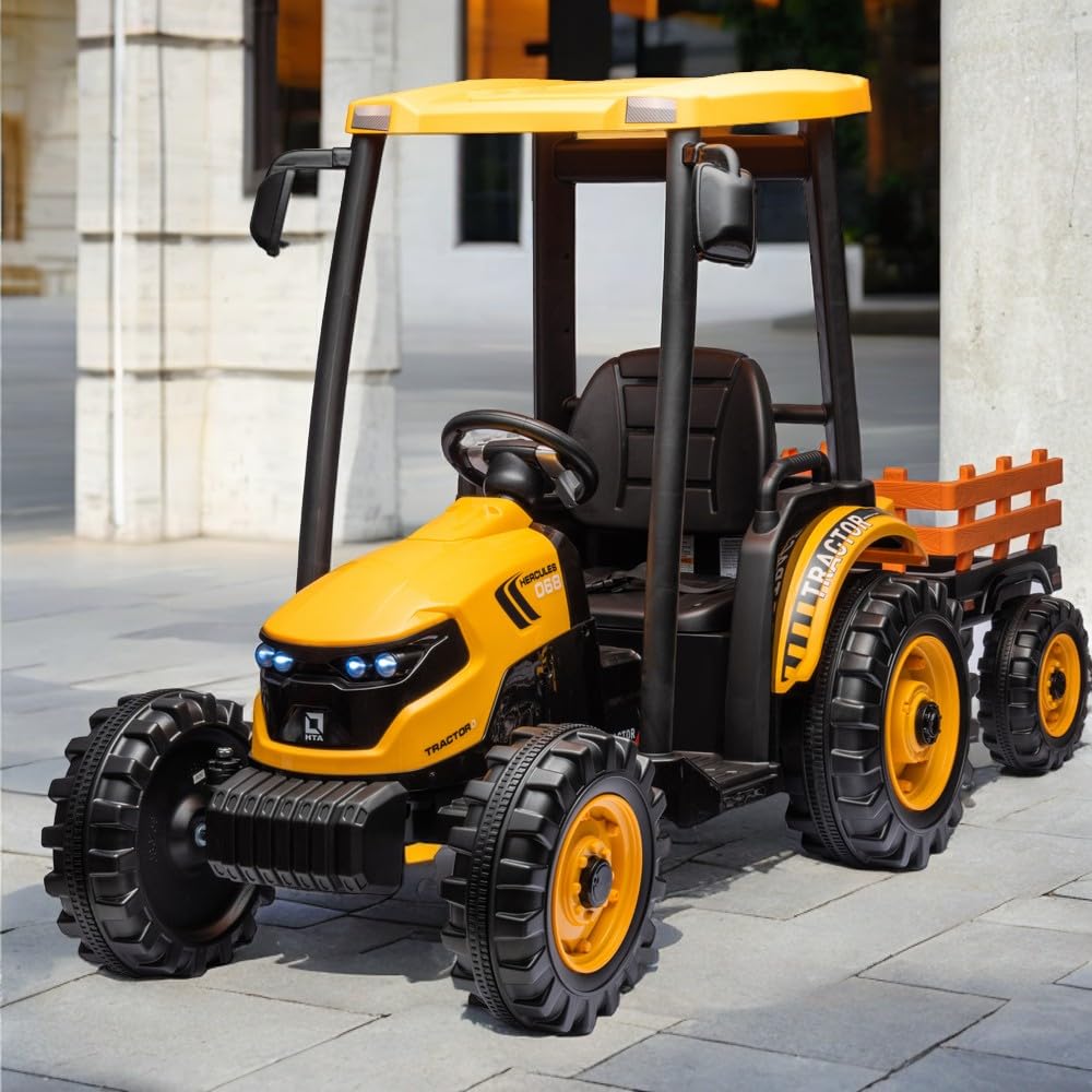Ride on Tractor with Trailer, Electric Vehicle Toy with 3-Gear-Shift Ground Loader, Treaded Tires, LED Lights, Audio (Yellow)