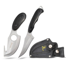 Load image into Gallery viewer, Elk Ridge ER-300BK, 2-Piece Fixed Blade Hunting Knife Set with Gut Hook and Caping Knife, 3Cr13MoV Steel, Wood Handle, Nylon Sheath, 7 Inch and 6.4 Inch, Satin Blade
