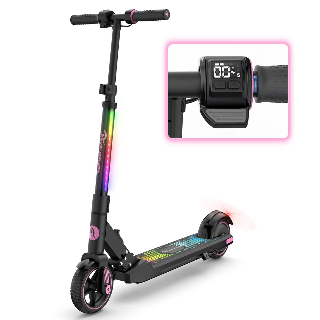 Foldable Electric Scooter for Kids Ages 6-12, Up to 9.3 MPH & 5 Miles, LED Display, Colorful LED Lights, Lightweight (Black Pink)