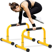 Load image into Gallery viewer, TABEKE Push Up Bar, 14'' High Steel Parallettes &amp; Dip Bar (Yellow)
